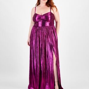 City Studios Trendy Plus Size Sweetheart-Neck Foil-Knit Gown - Magenta 14W